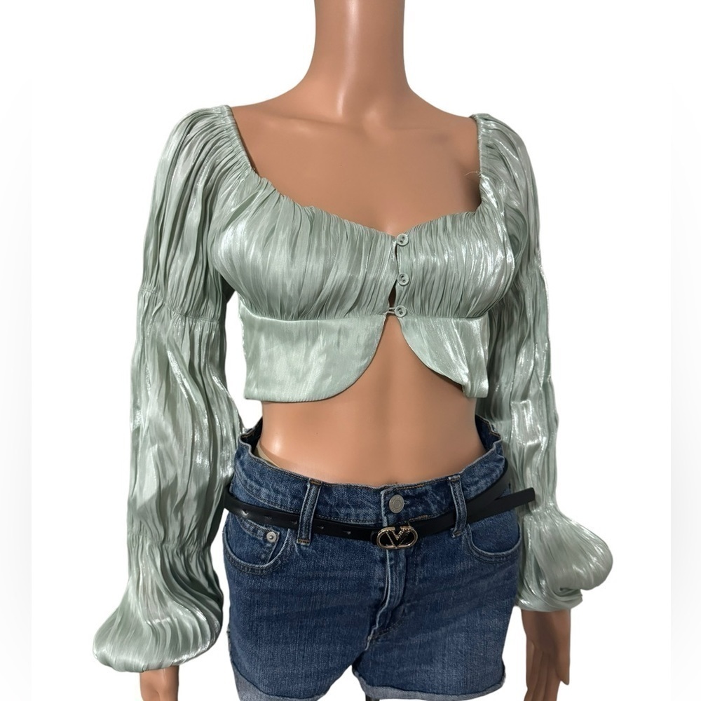 Pistachio Ballon Arm Cropped Top by Saints & Secrets- Size Medium